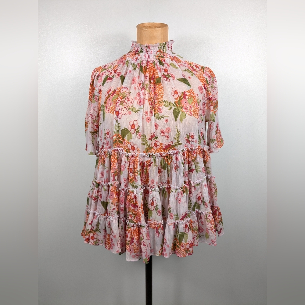 By Timo Floral Mock Neck Tiered Short Sleeve Top Size XS Ruffle Pink Spring